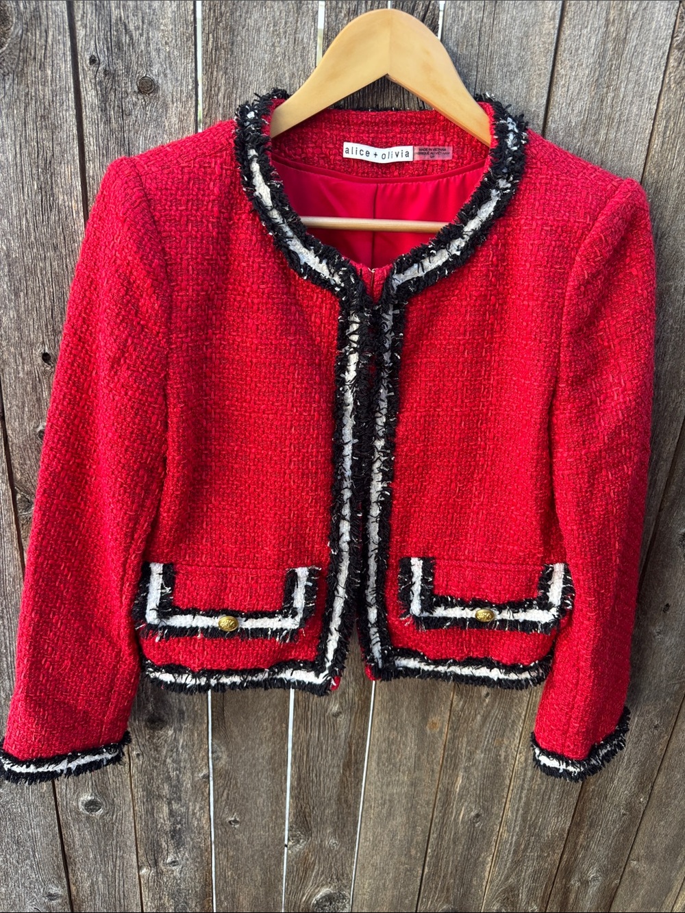 Alice + Olivia Red Tweed Cropped Jacket with Black and White Trim